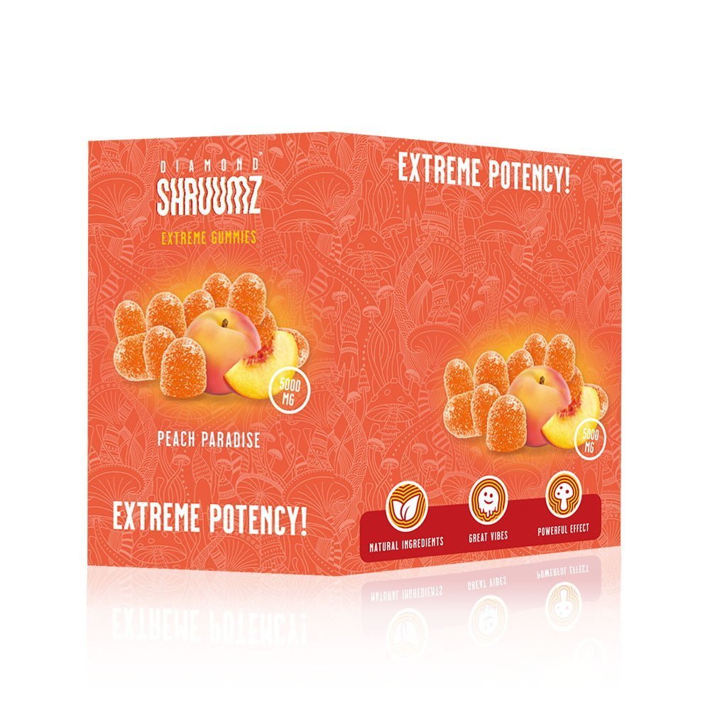Diamond Shruumz Peach Paradise 10-pack – peach-infused mushroom gummies in psychedelic packaging